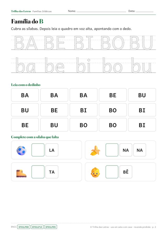 Página da família do B com quadro de leitura